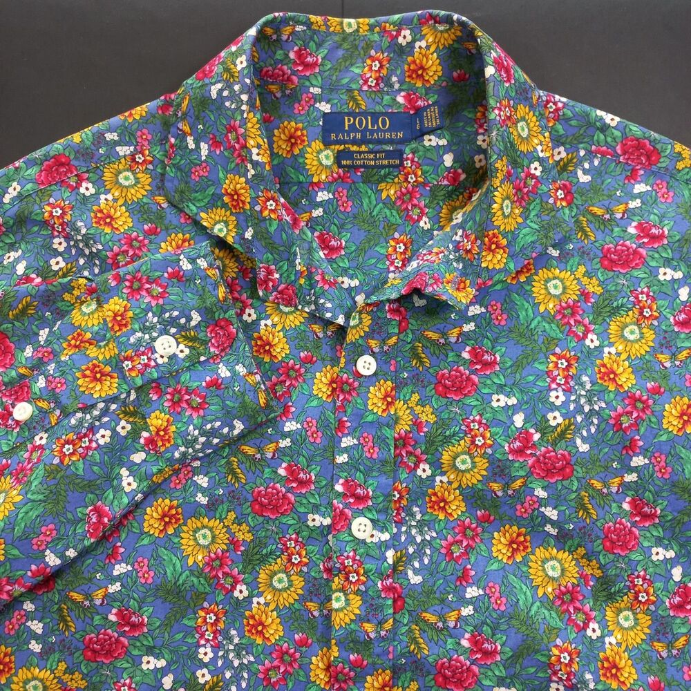 Polo Ralph Lauren Shirt L Large Classic Fit Blue Wildflower Floral 710750940001